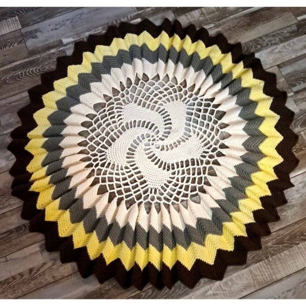Vintage Handmade Round Knit Centerpiece Afgan Striped Spiral Swirl Boho 40"